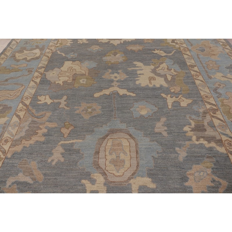 Floral Vegetable Dye Oushak Turkish Area Rug Hand-Knotted Wool Carpet - 9'1" x 11'8"
