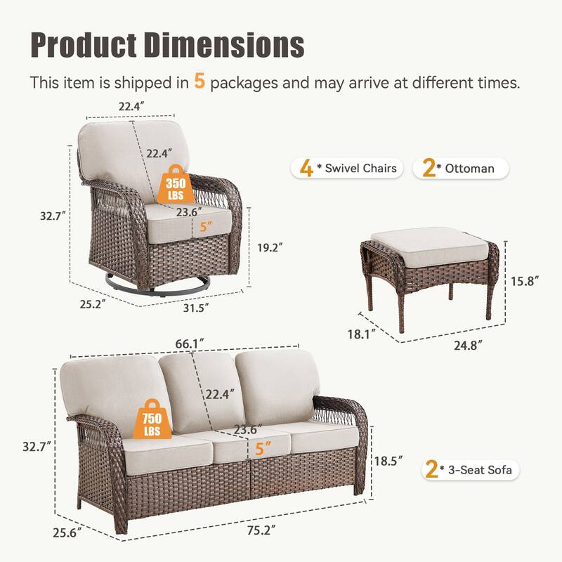 Pocassy Patio Outdoor Sofa Ottoman with Swivel Chair Table Funiture Set.