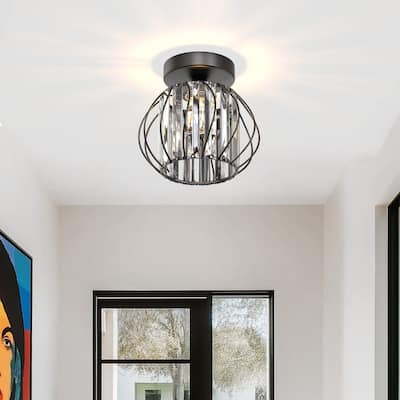 YANSUN Single-Head Semi-Flush Mount Light, Black Finish, Metal and Crystal No Bulb Included for Modern Ceiling Lighting