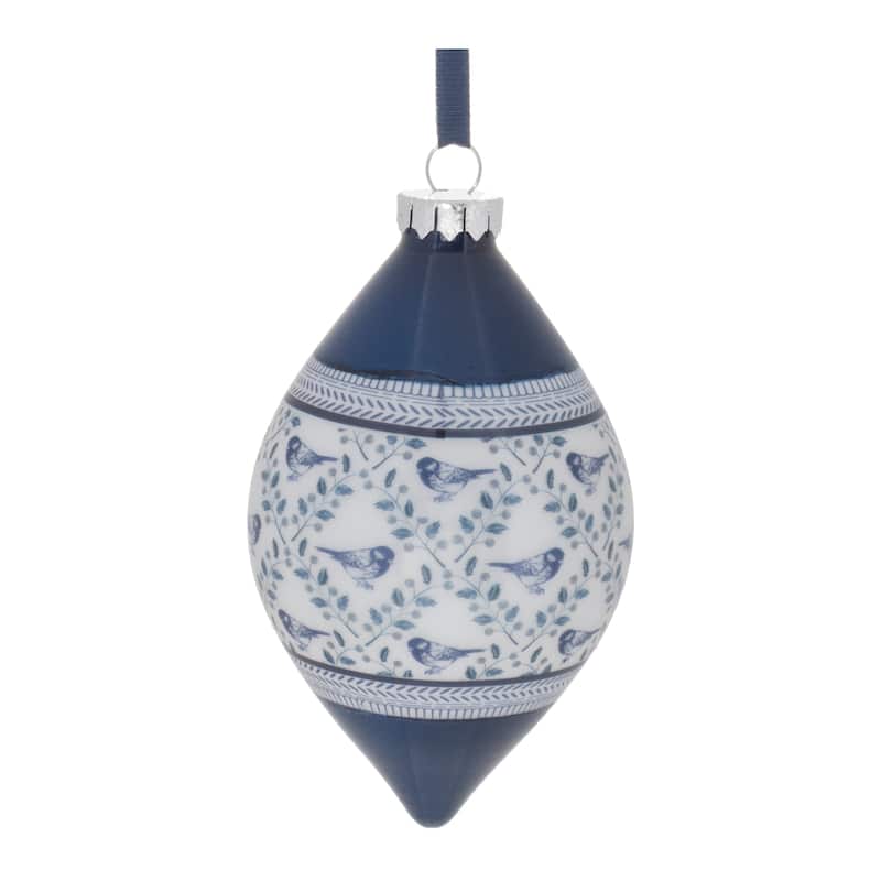 Set of 6 Blue White Glass Chinoiserie Christmas Ornaments with Bird Floral Design for Holiday Decor - 4.5”L x 4.5”W x 4.5”H