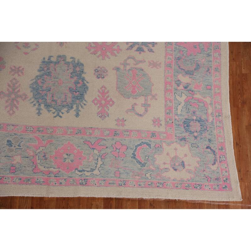 Hand Knotted Oriental 100% Wool Carpet Transitional All-Over Beige & Ivories Oushak Area Rug - 12' 4'' X 9' 0''