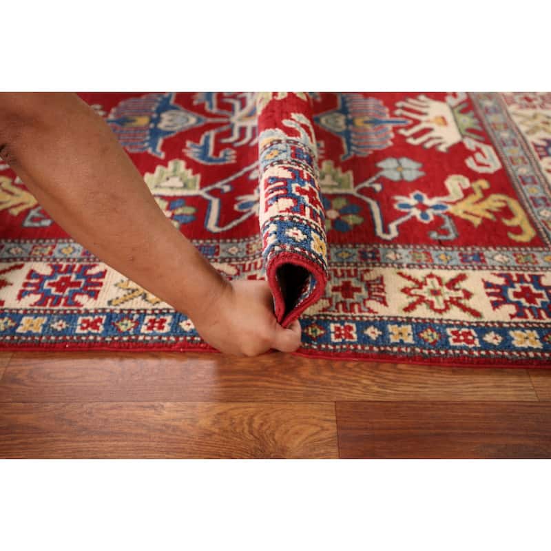 Red Geometric Kazak Oriental Foyer Rug Handmade Wool Carpet - 3'3" x 5'1"