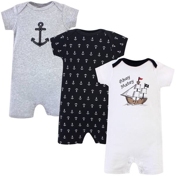 slide 1 of 1, Hudson Baby Infant Boy Cotton Rompers 3pk, Pirate Ship 0 - 3 Months - Blue