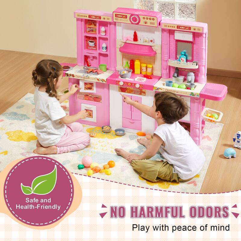 Kids Kitchen Playset, 3-in-1 Toddler Kitchen with Simulated Spray, Sounds and Lights, Play Kitchen Set