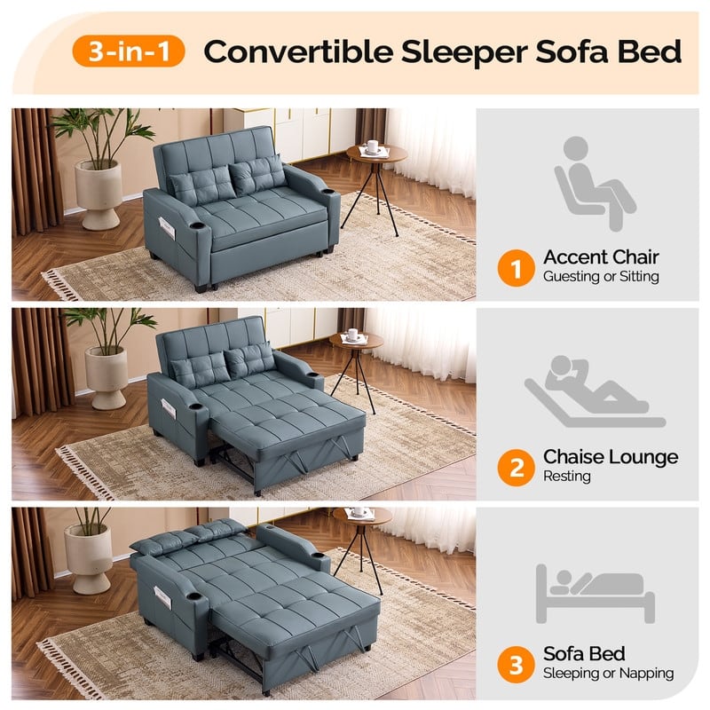 Upholstered Cat's Claw Leather Convertible Reclining Sleeper Sofa Bed With Cushions For Small Spaces