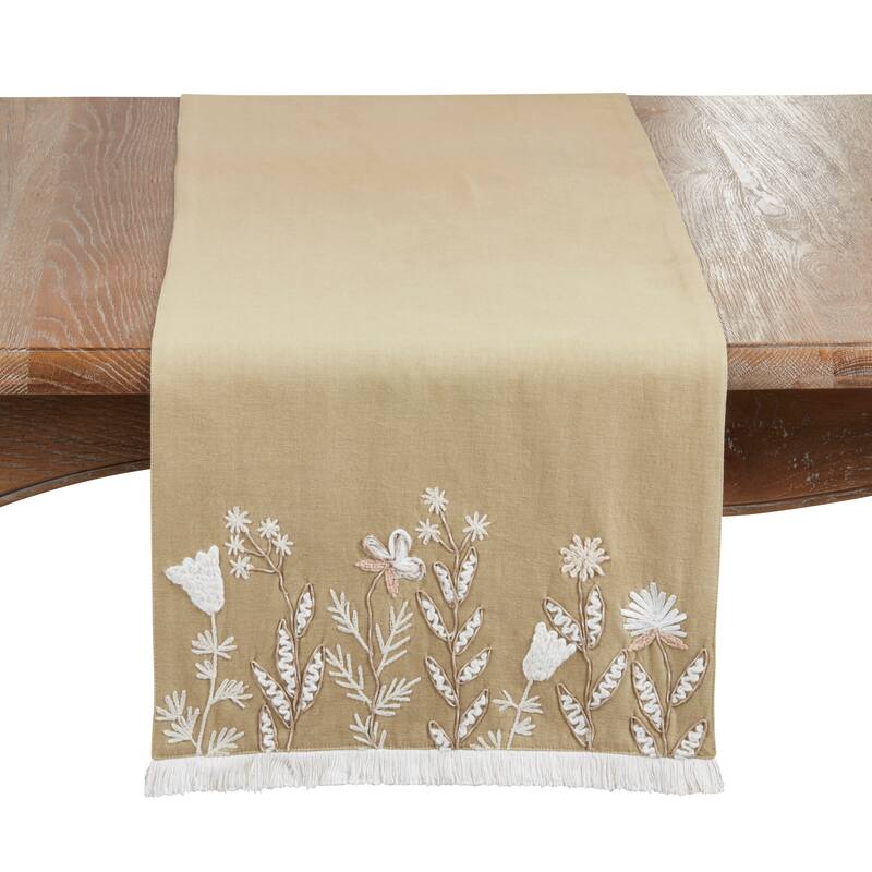 Embroidered Meadow Table Runner - Lined Decorative Table Runner with Fringe for Dining & Console Tables, 16"x72" - 16"x72" - Green