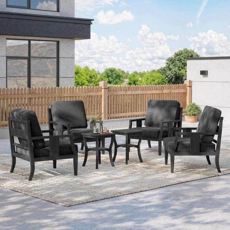 6-piece Outdoor Teak Seating Set Club Chairs with Cushions - Blackframe-Dark Grey - Black Frame