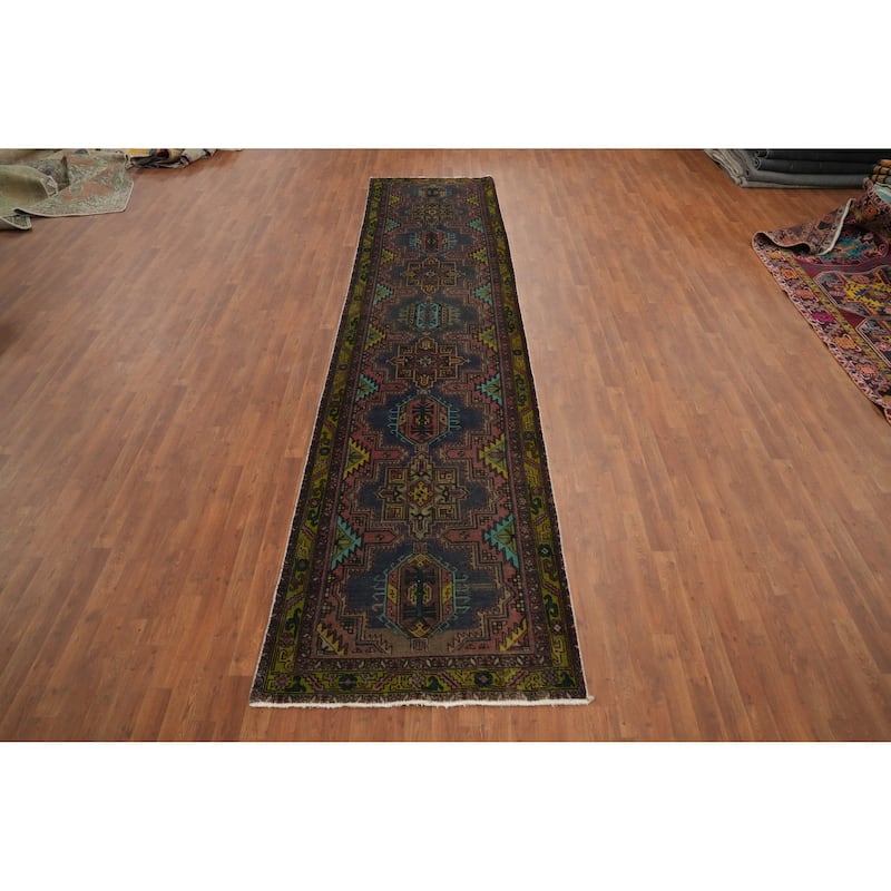 Hand Knotted Oriental 100% Wool Carpet Traditional Geometric Navy Blue & Blues Heriz Runner Rug - 14' 3'' X 3' 5''