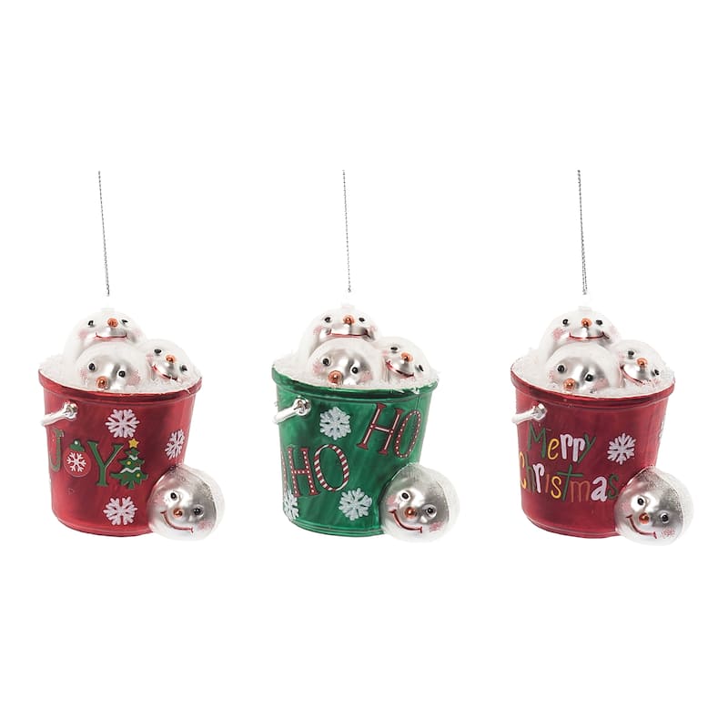 Transpac Glass Snowball Bucket Of Fun Ornament Set of 3 Christmas Home Decorations - Multicolor