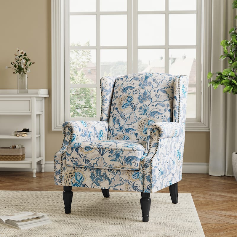 Traditional Floral Patterned Wingback Armchair with Nailhead Trim