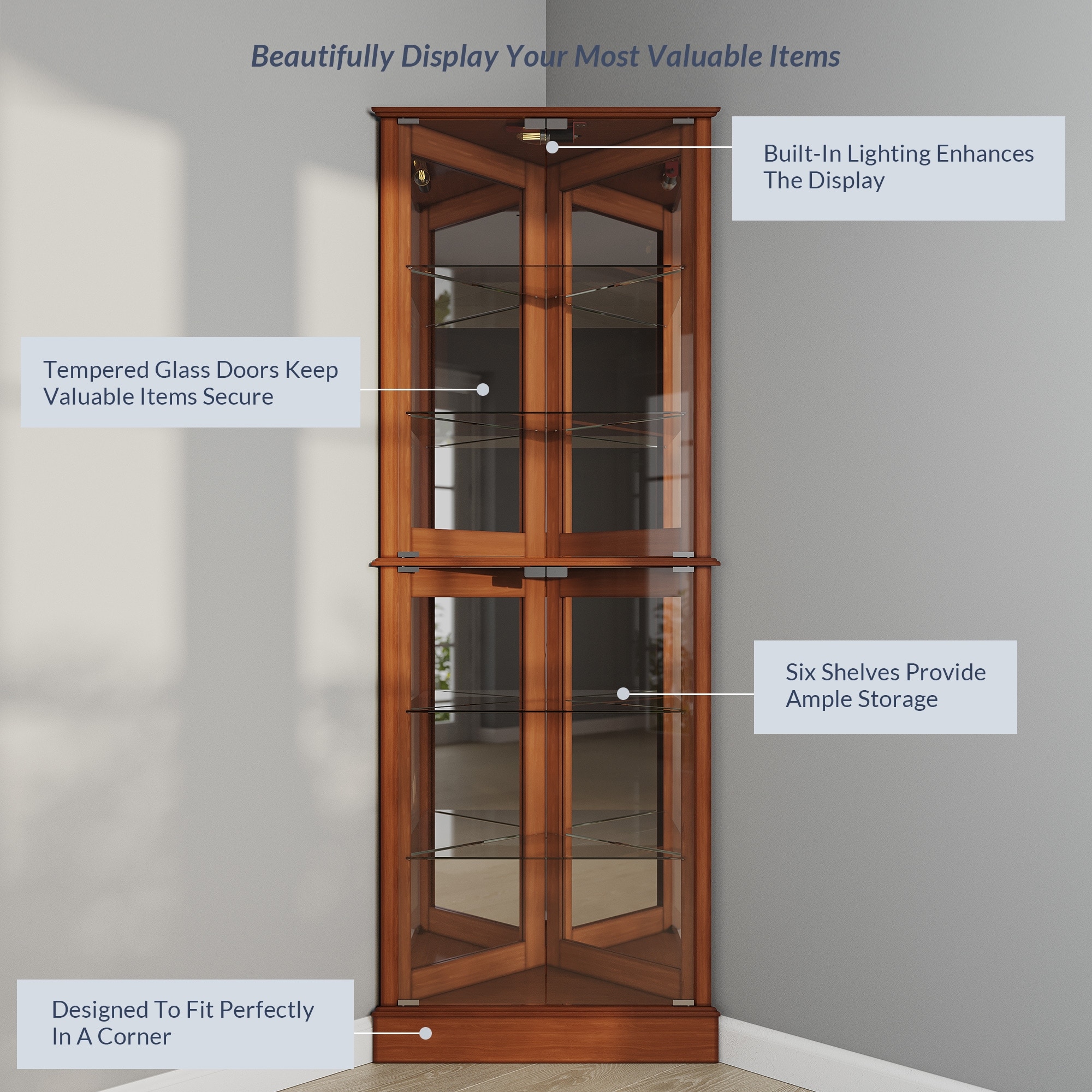 Belleze woody lighted corner curio cabinet tempered glass door 6 clearance shelves