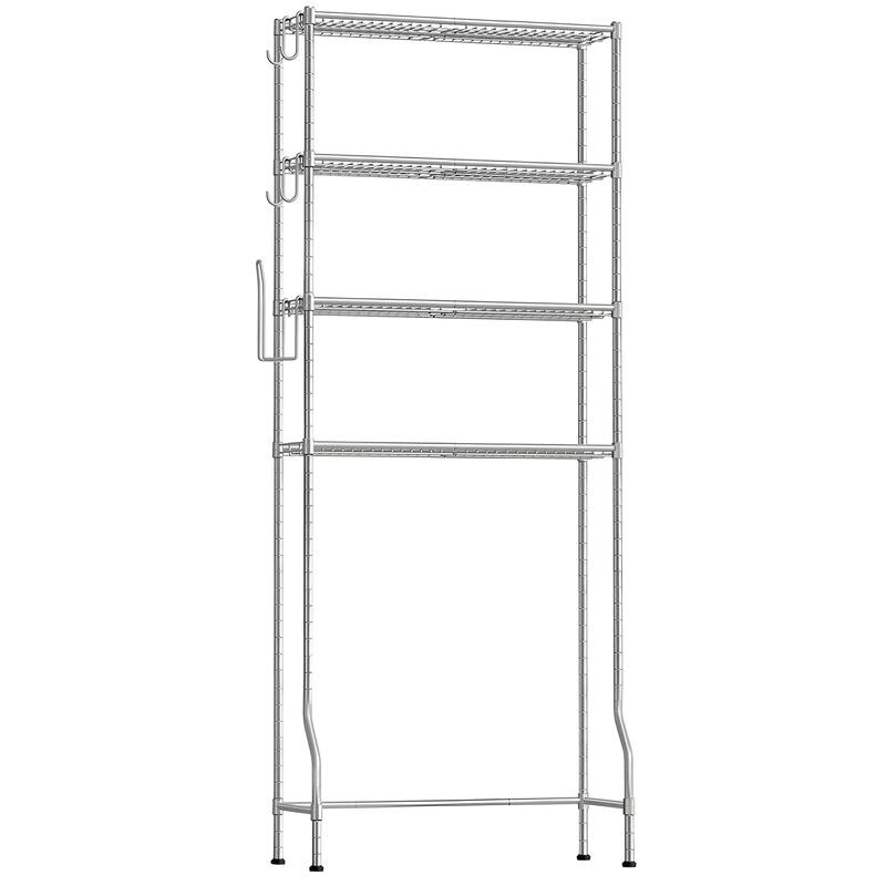 4-Tier Freestanding Metal Over-the-Toilet Storage Rack with 4 Adjustable Shelves and 4 Convenient Hoooks - 32.7" W - Silver-Grey