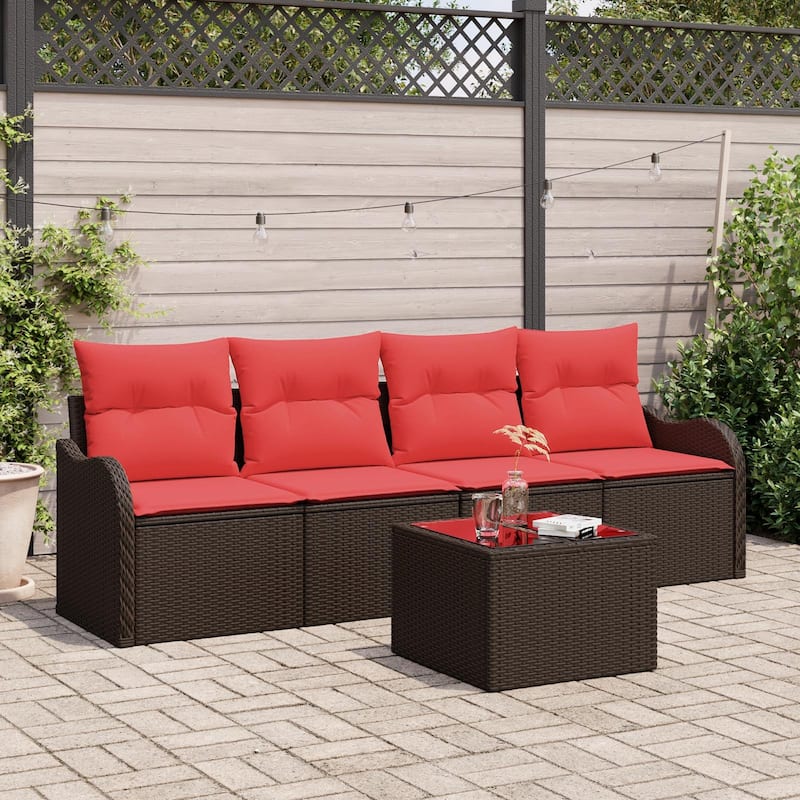 vidaXL 5 Garden Sofa Set with Cushions Black/Brown/Grey Poly Rattan - 90.9 x 24.4 x 27.2 - Brown