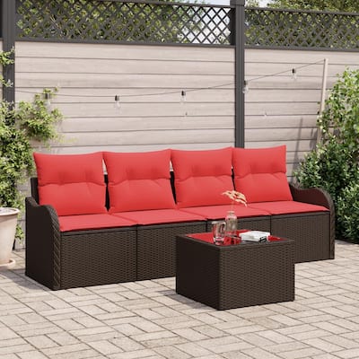 vidaXL 5 Garden Sofa Set with Cushions Black/Brown/Grey Poly Rattan - 90.9 x 24.4 x 27.2