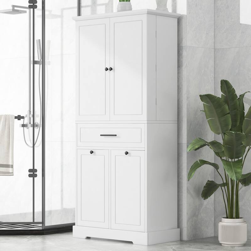 Roomfitters 72" Tall Bathroom Storage Cabinet with Tilt-Out Laundry Hamper, 3 Adjustable Shelves & Door-Mounted Racks, White