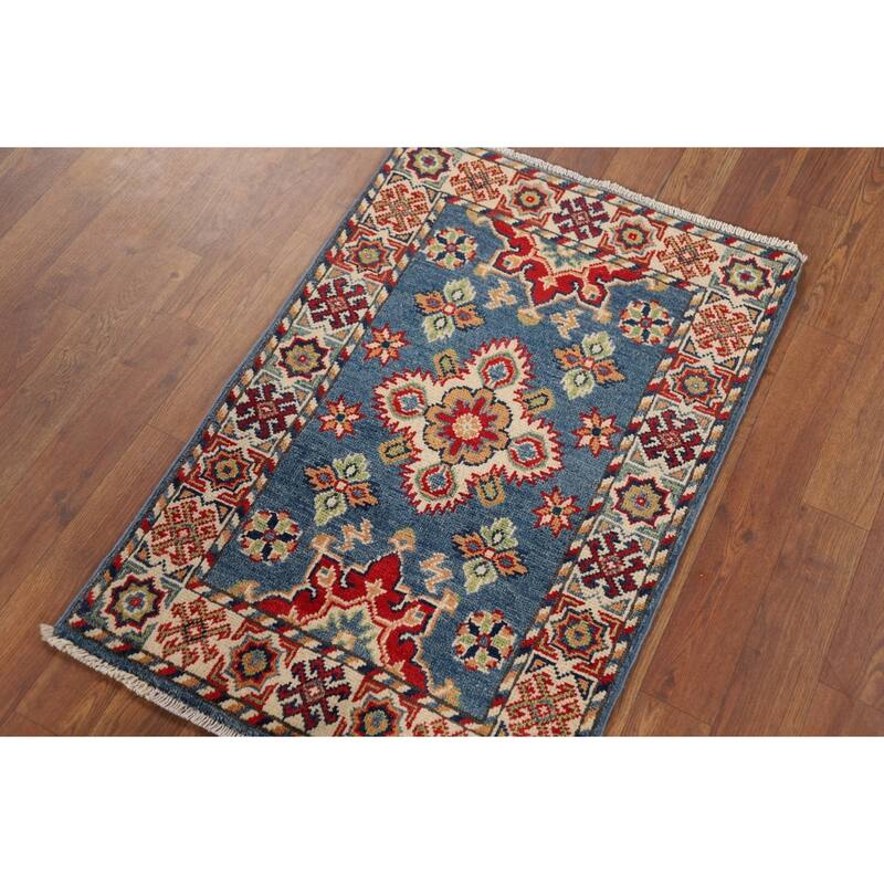 Hand Knotted Oriental 100% Wool Carpet Traditional Geometric Navy Blue & Blues Kazak Area Rug - 2' 11'' X 1' 11''