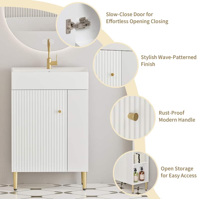 Open-shelving Bathroom Vanity with Ceramic Sink and Soft-Closing Door, Cloakroom Open Shelf Storage Cabinet on the Left Side