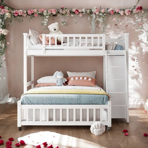 slide 2 of 14, Modern Twin Over Full Bunk Bed With Six Drawers And Flexible Shelves With Wheels