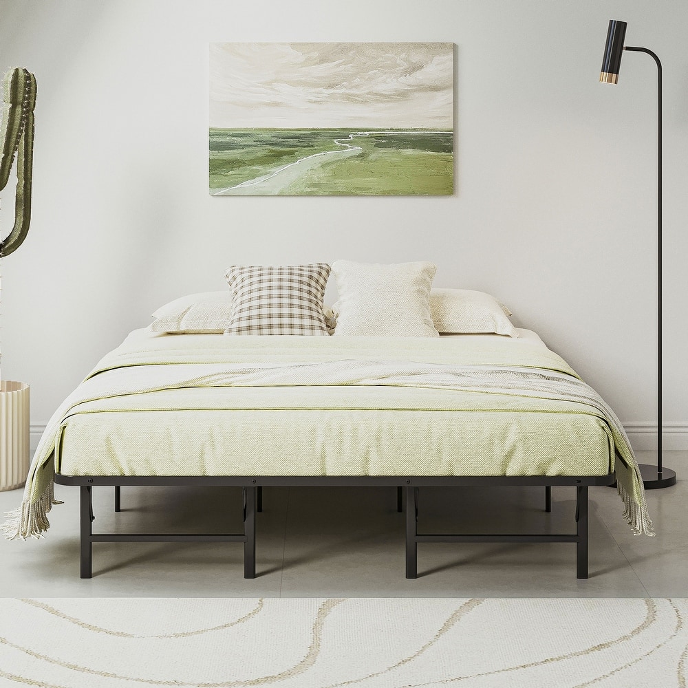 16 Inch Folding Platform Bed Frame, Black Metal Bed