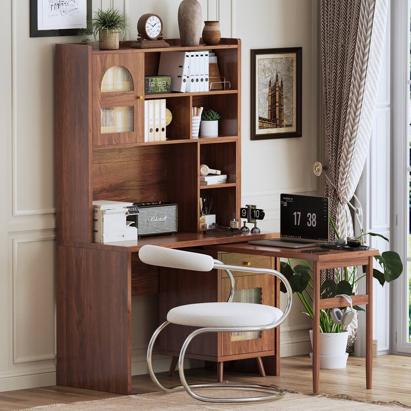 90° Rotating Computer Desk, L Shaped Office Desk Gaming Table Corner Writing Desk with Storage Drawer, Cabinets & Shelves - Walnut