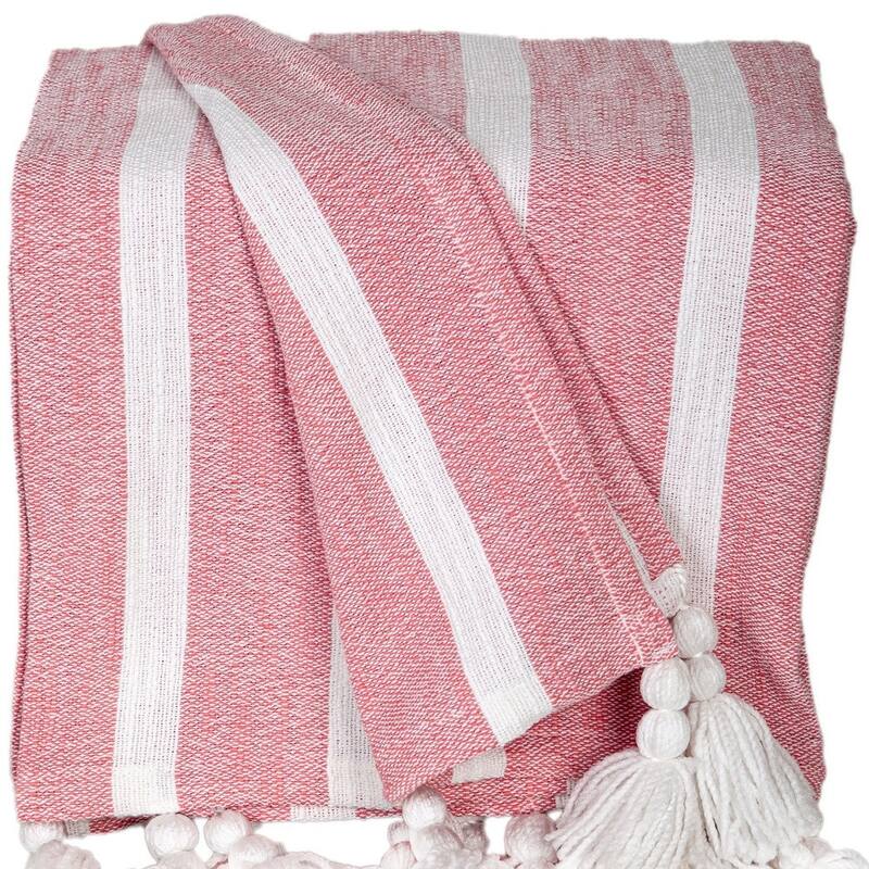 HomeRoots 50" X 60" Pink and White Woven Cotton Striped Throw Blanket with Tassels