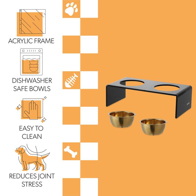 Keaton 5" Small/Medium Modern Lucite Rectangular Elevated Pet Feeder with 20oz 2-Stainless Steel Bowls