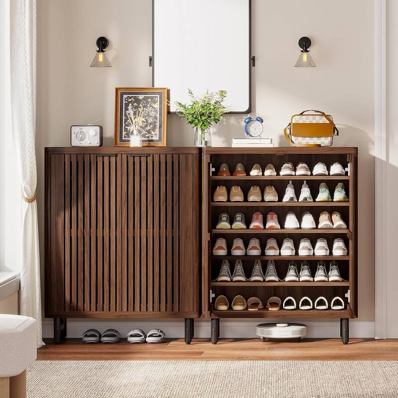6-Tier Shoe Cabinet with Shutter Doors Adjustable Shelves Wooden Storage Cabinet for Entryway/Hallway/Closet/Living Room
