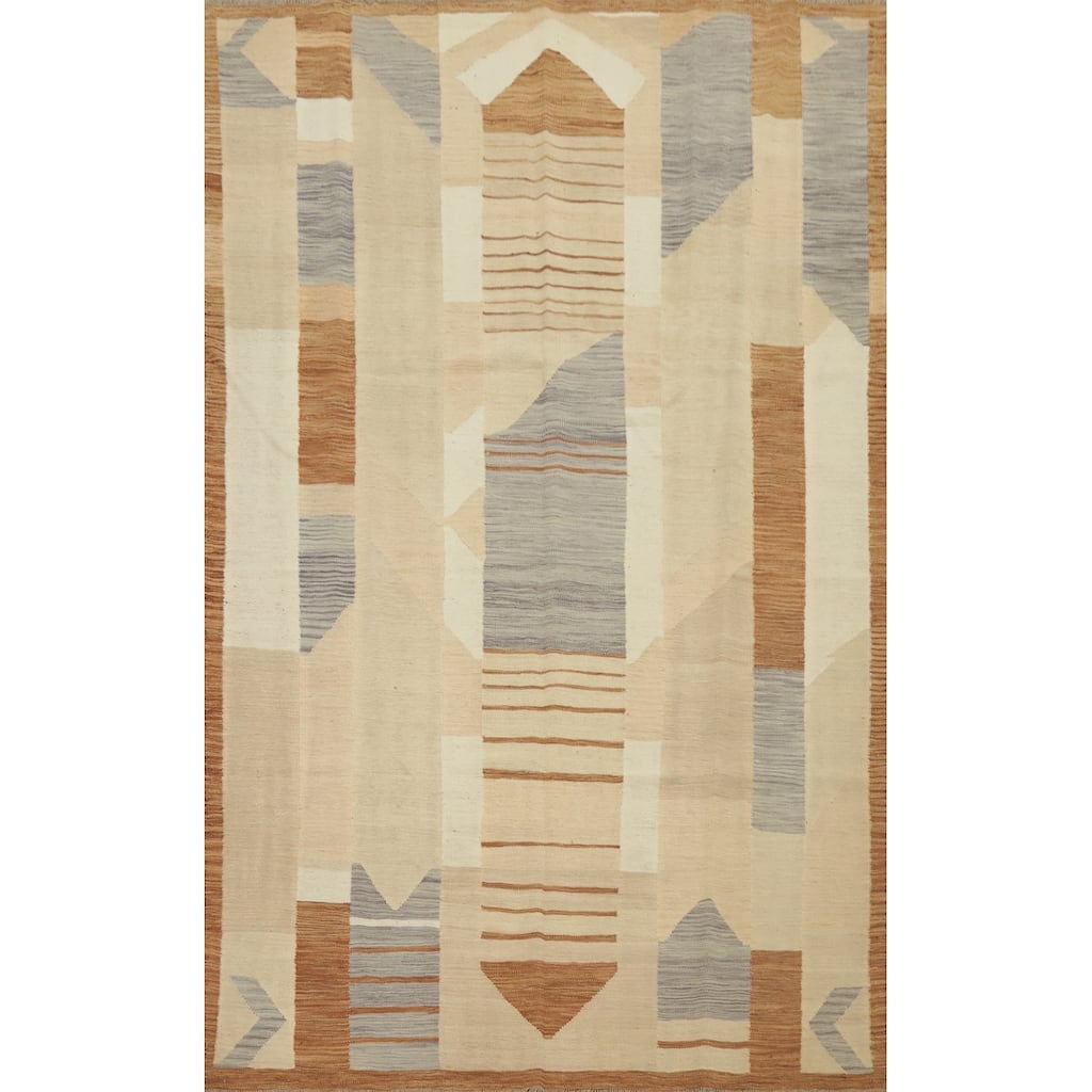 Hand Woven Oriental 100% Wool Carpet Southwestern Modern Beige & Ivories Kilim Area Rug - 8' 8'' X 6' 0''