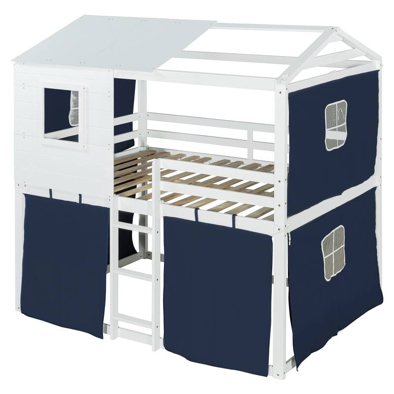 Full Size Kids Playhouse Bunk Bed with Tent Wooden Frame and Sliding Window