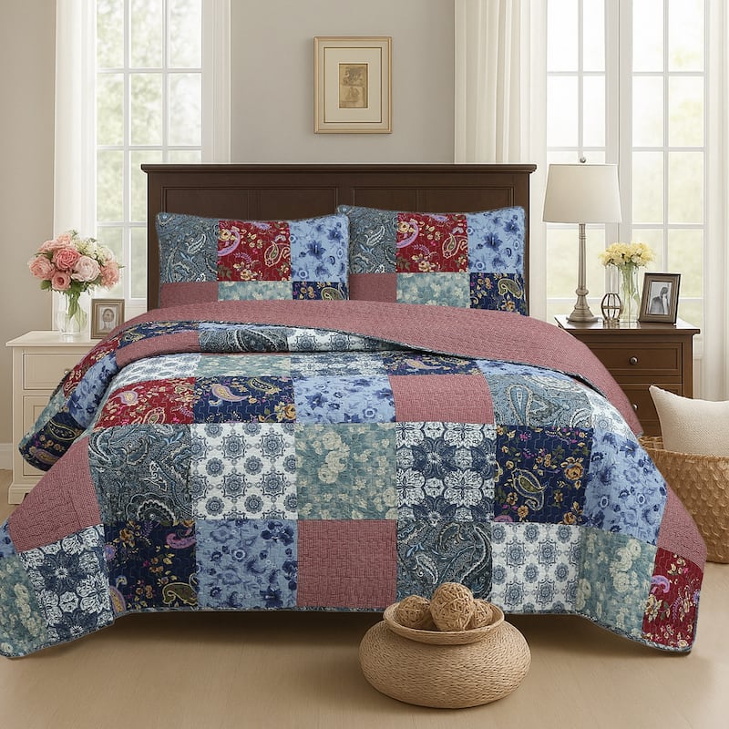 Cozy Line Country Blue Rose Floral Paisley Garden Cotton 3 Piece Patchwork Quilt Bedding Set