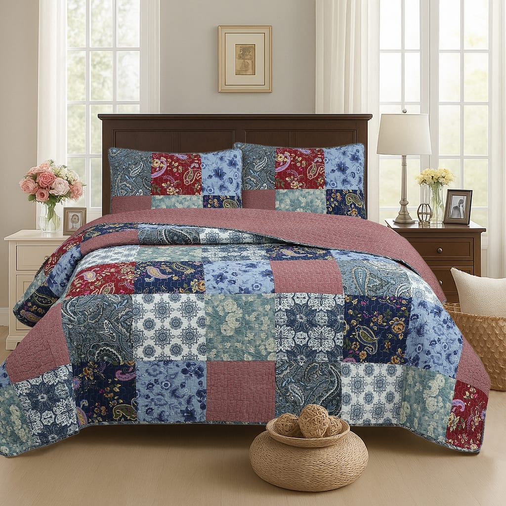 Cozy Line Country Blue Rose Floral Paisley Garden Cotton 3 Piece Patchwork Quilt Bedding Set