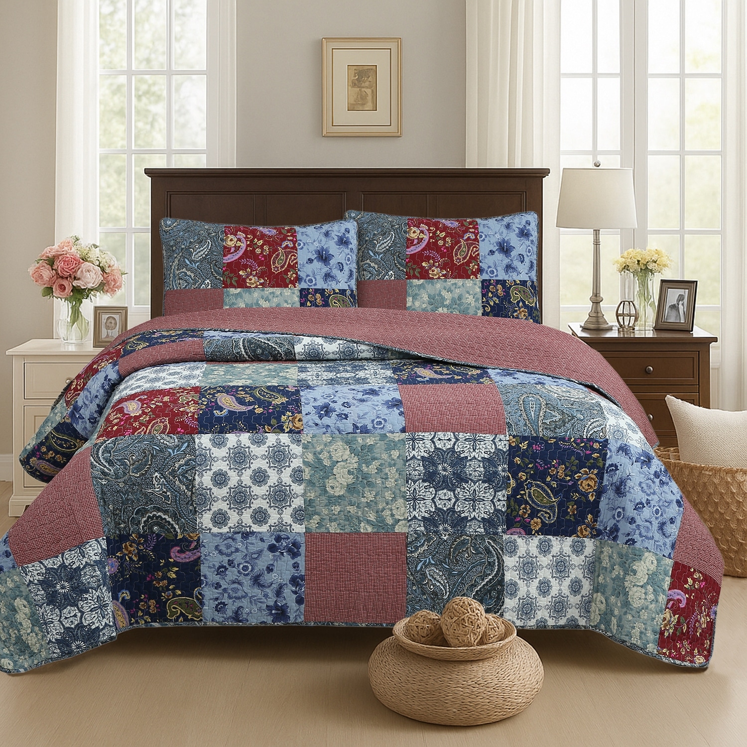 Cozy Line Country Blue Rose Floral Paisley Garden Cotton 3 Piece Patchwork Quilt Bedding Set