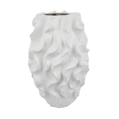Decorative Vase, White Ceramic, Textured 19 Inch Curved Wave Design