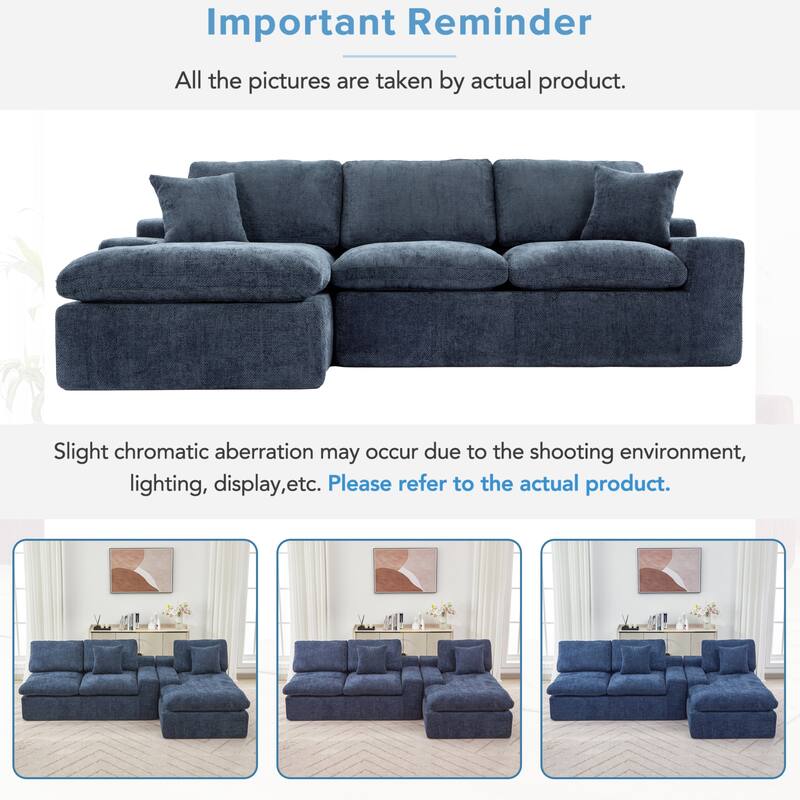 108" Blue Chenille Modular Sectional Sofa with Double-layer Cushion, Side Pockets & Pillows for Living Room