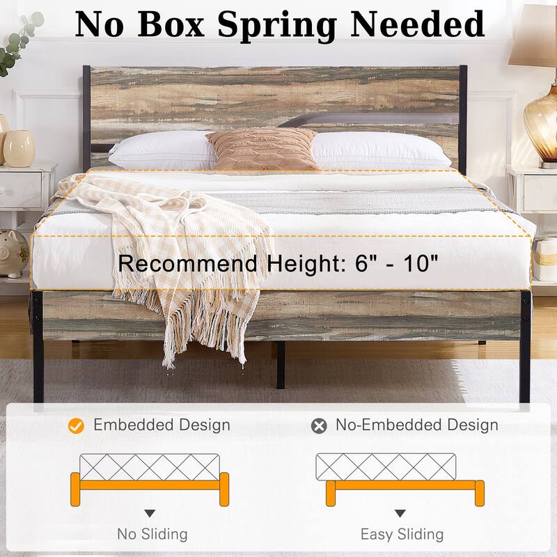 Industrial Metal Bed Frame with Wood Headboard Twin/Full/Queen Bed Slate Platform Metal Bedframe No Box Spring Needed