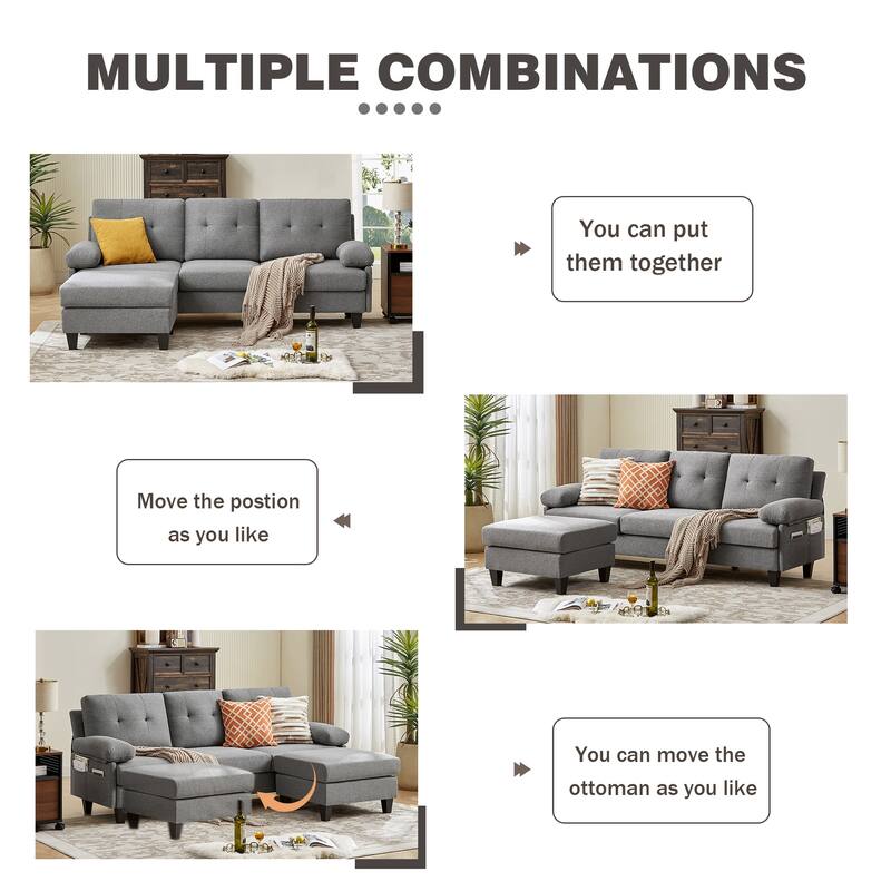 86.22" Wide Sectional Sofa with Ottoman & Side Storage Bags