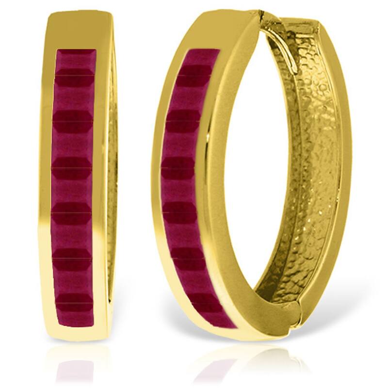 14K Solid Gold Hoop Huggie Gemstone Earrings w/ Natural Rubies - Yellow