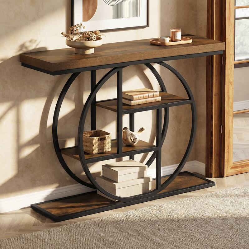 Gymax 4-Tier Console Table w/Storage Shelves Circle Base Accent Behind