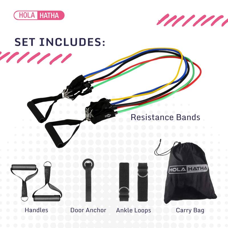 HolaHatha Resistance Band 110lb Maximum Workout Set with 5 Bands and 2 Handles - (L x W x H): 47.3 x 5.2 x 1.2 inches