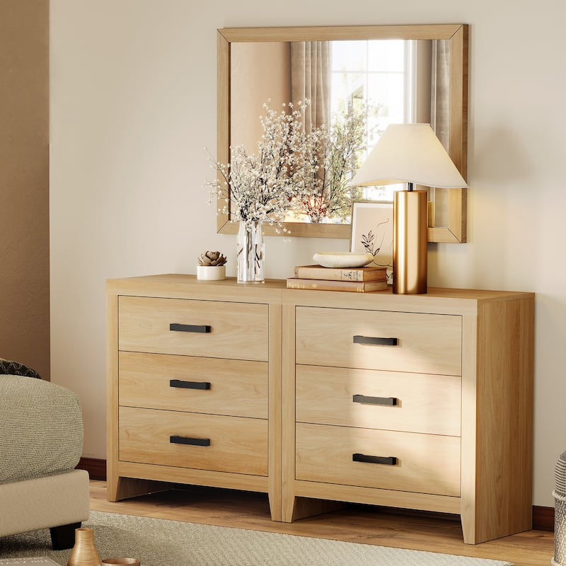 WAMPAT Farmhouse 3-Drawer Dresser, Wooden Chest of Drawers, Modern Storage Organizer & Nightstand for Bedroom, Living Room - Oak - 6-drawer