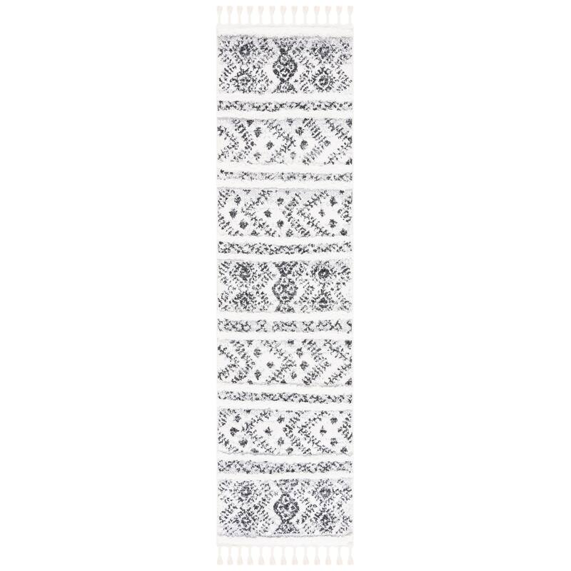SAFAVIEH Moroccan Tassel Shag Ilijana 2-inch Thick Rug - 2'3" x 8' Runner - Ivory/Grey
