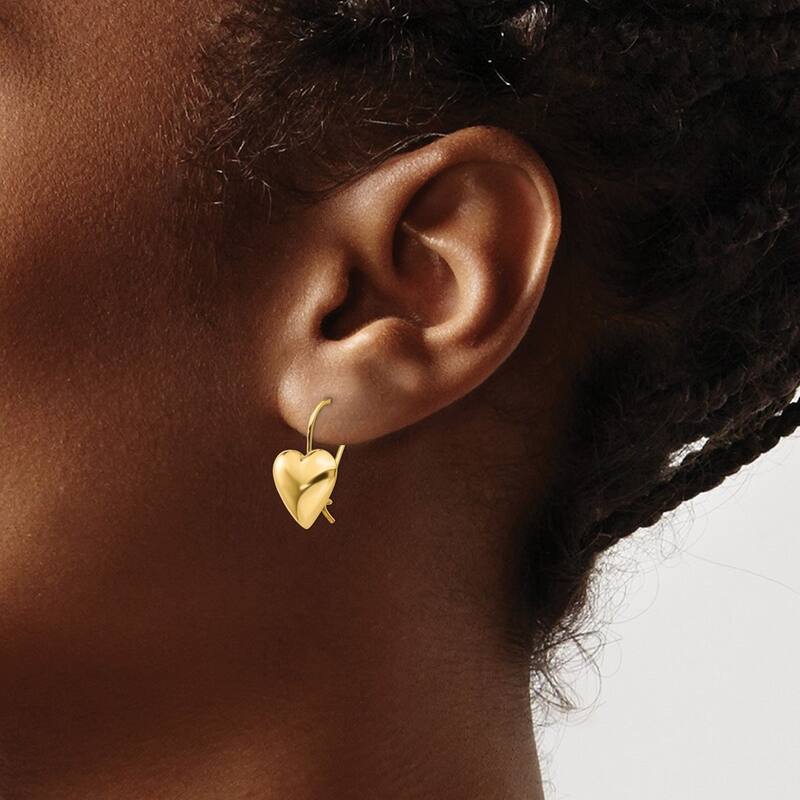 Curata 14k Yellow Gold Polished 11.5mm Puffed Love Heart Kidney Wire Earrings