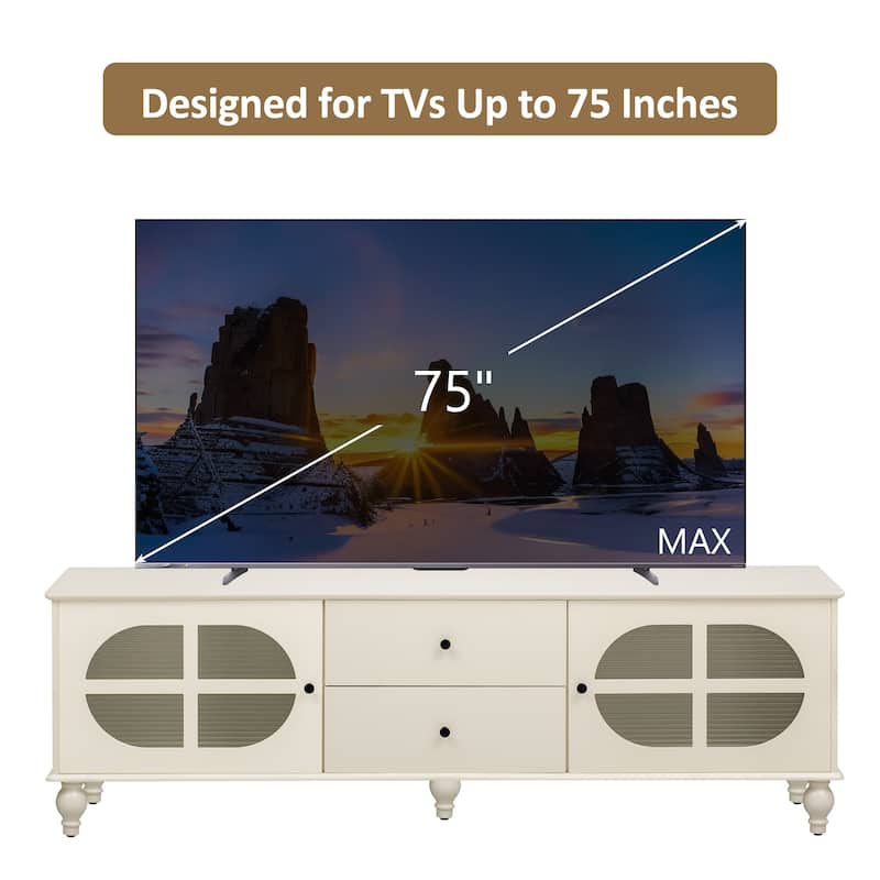 68.9" Rectangular Wooden TV Stand with Fluted Glass Doors, for TVs up to 75", Media Storage Console with 2 Drawers