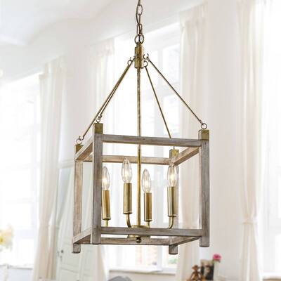 Farmhouse 4-Light Brushed Gold Wooden Lantern Gemetric Pendant Lighting - 27.16-in H x 13.77-in W