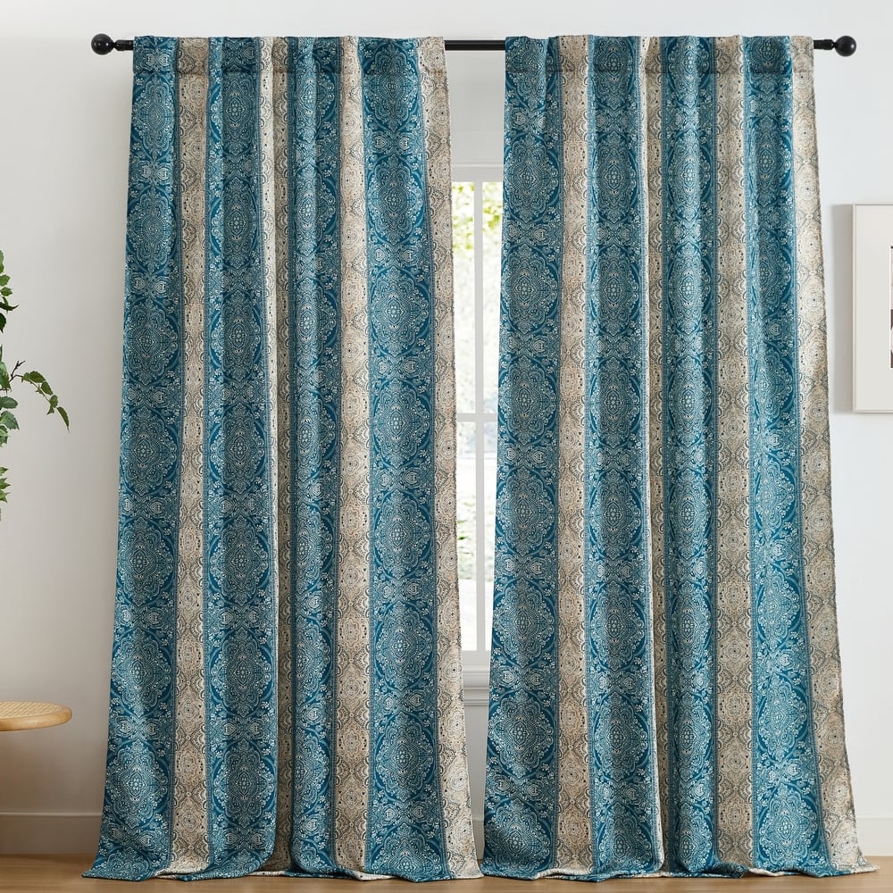HLC.ME William Boho Damask Striped Window Back Tab Rod Pocket Curtains - Light Blocking Darkening Panels, Set of 2