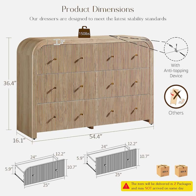 Modern Fluted 6 Drawers Dresser, Wood Chest of Drawers for Bedroom
