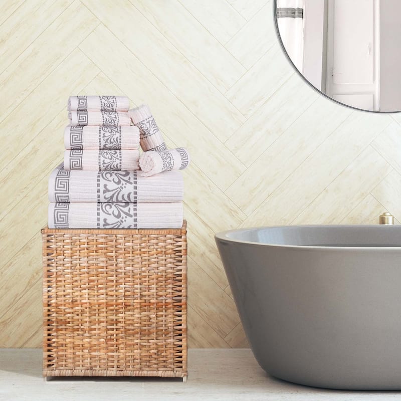 Superior Athens Cotton Floral Border Greek Key 8-Piece Towel Set - Ivory/Chrome