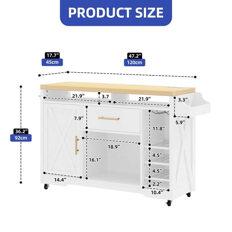 Moasis 47" Wide Mobile Kitchen Island Cart with Wine Storage Cabinet and Drawer&Power Outlet