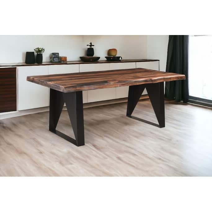 HomeRoots 80" Dark Brown And Black Solid Wood And Metal Sled Base Dining Table - 80 in. x 30 in. x 40 in.
