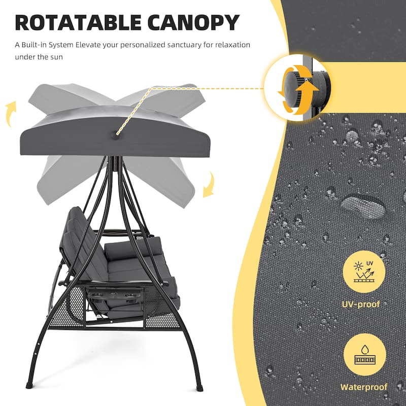 3-Seat Patio Swing with Adjustable Canopy, 750lbs Heavy Duty, Convertible Outdoor Bed, All-Weather, Cup Holders & Thick Cushions